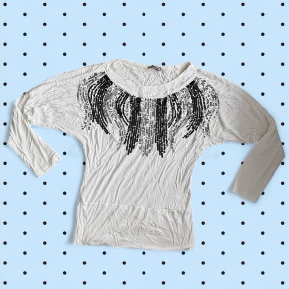 mzv Tops - White Long-Sleeve Women's Top with Black Sequin Neck Detail